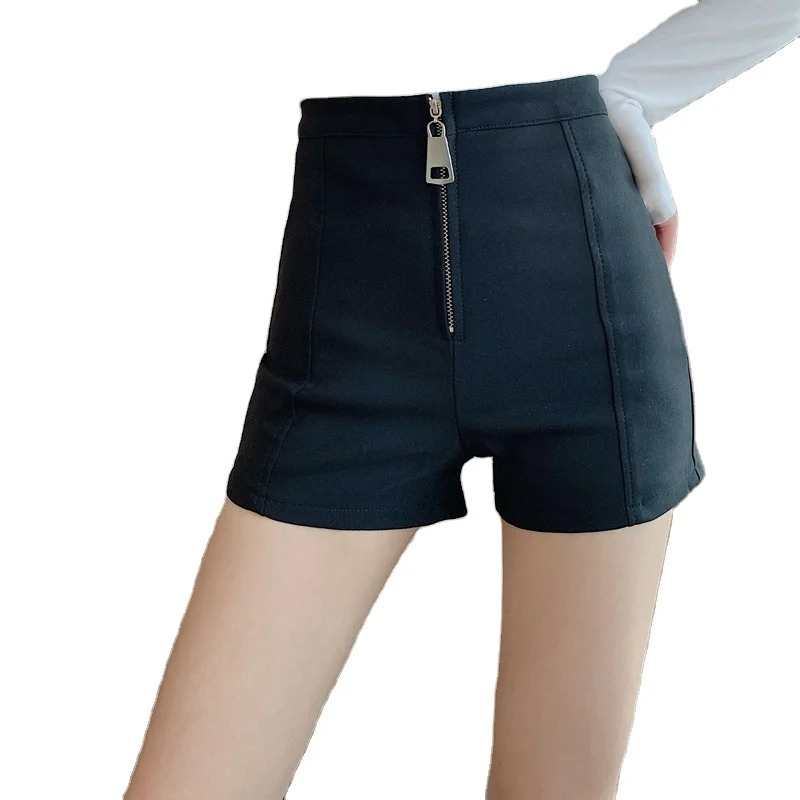 

2021 Early Autumn Women's New Korean Fashion All-match Women's Pants Black High Waist Thin Zipper Wide Leg Shorts