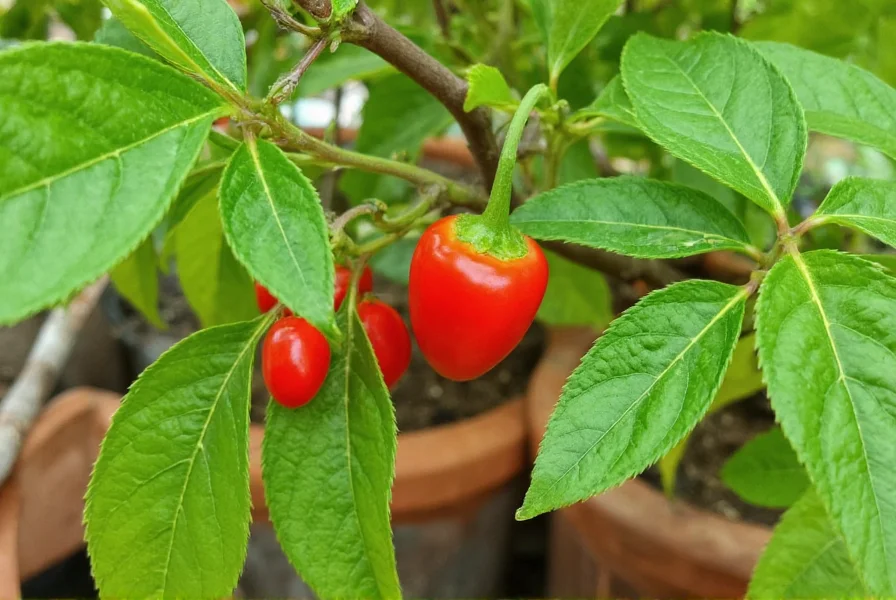 Peruvian puff pepper plant showing hairy leaves and distinctive heart-shaped red fruits growing on bush