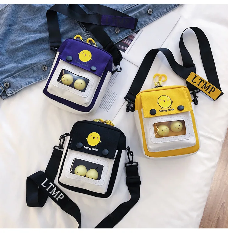 

2022 New Cartoon Cute Chick Canvas Bag Tide Student Single Shoulder Bag Western Style Crossbody For Women, Black, yellow, purple
