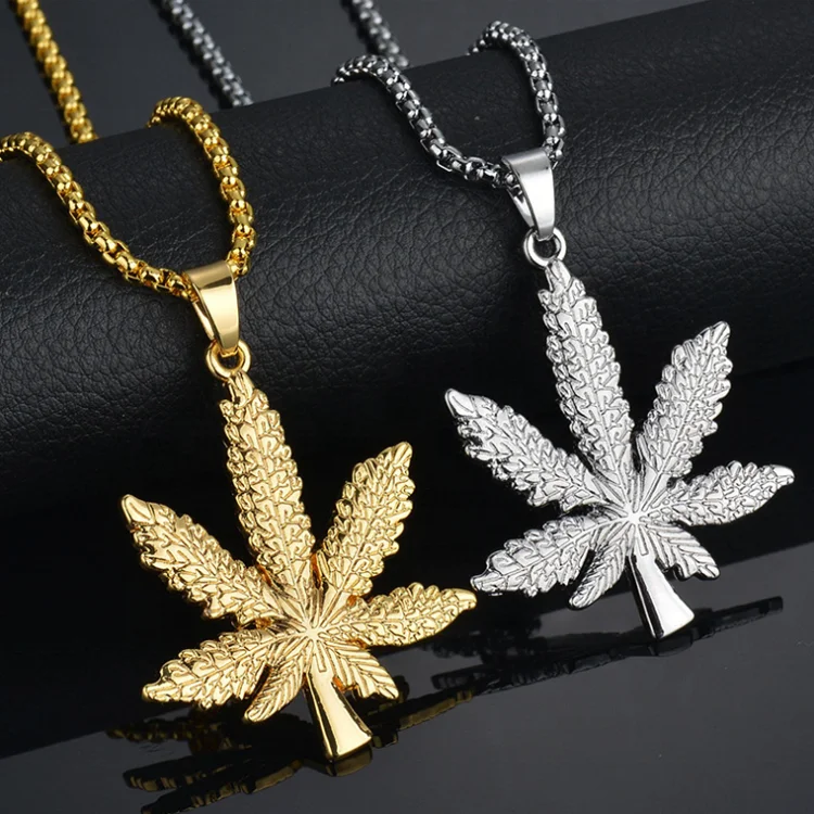 

Fashionable 24K Gold Plated Weed Herb Charm Punk Necklace and Wheat Chain HipHop Pot