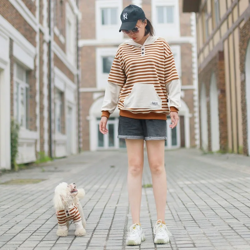 

Comfortable Fashion Stripes Sweat Hoodie Dog Owner Set Matching Pet Owner Outfit Customized, Orange white stripes