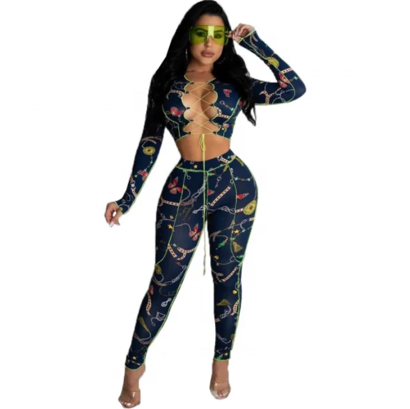 

Woman Sexy Hollow Bandage Fashion Strappy Crop Top Jumpsuit Outfit Sets Women Two Piece