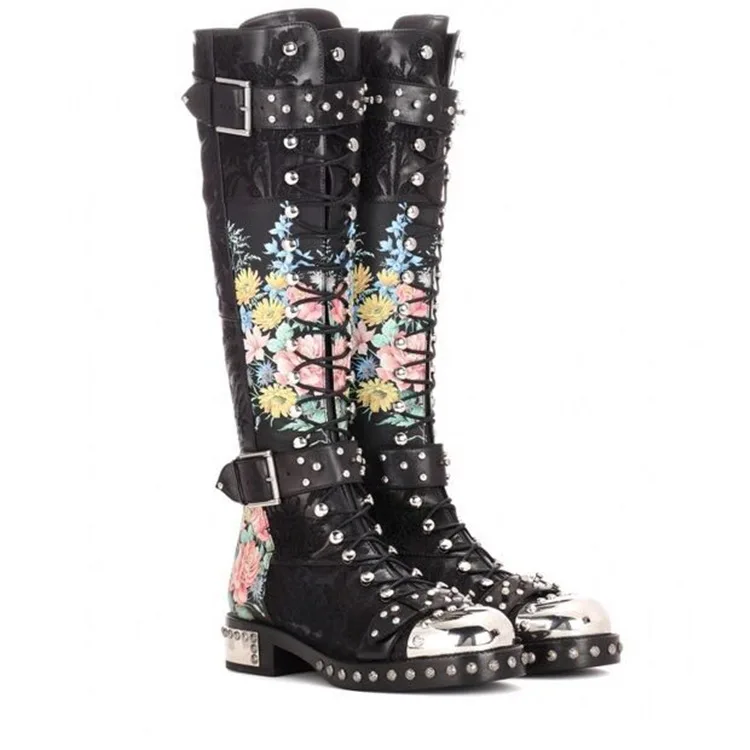 

Luxury Rivets Black Genuine Leather Autumn Winter Boots Short Ladies Combat Motorcycle Knee High Women Boots, Black flower-print