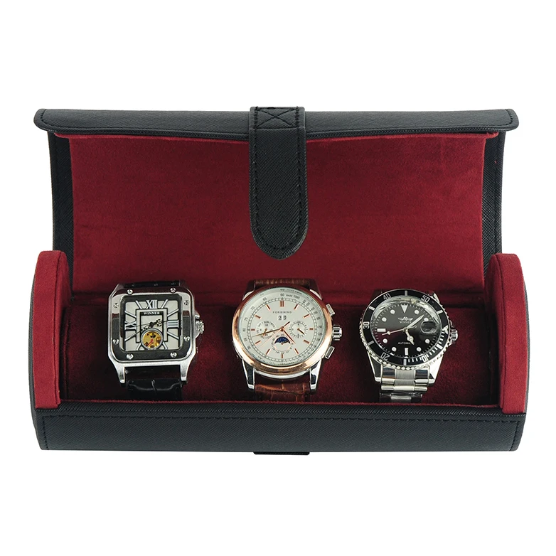 

Hot Sales in Stock! Black Cross Pattern Leather Watch Roll Travel Case 3 Watches Storage Box, Black travel case watch