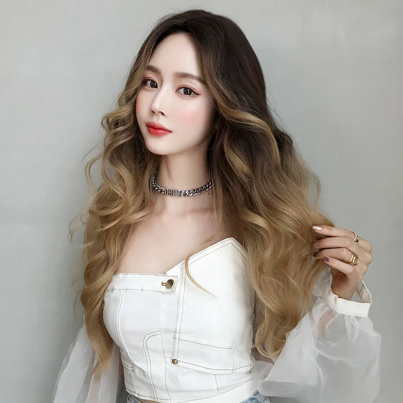 

Ainizi latest wig 75cm brown mixed blonde long body wave Korean style middle parting synthetic fashion idol wigs for women