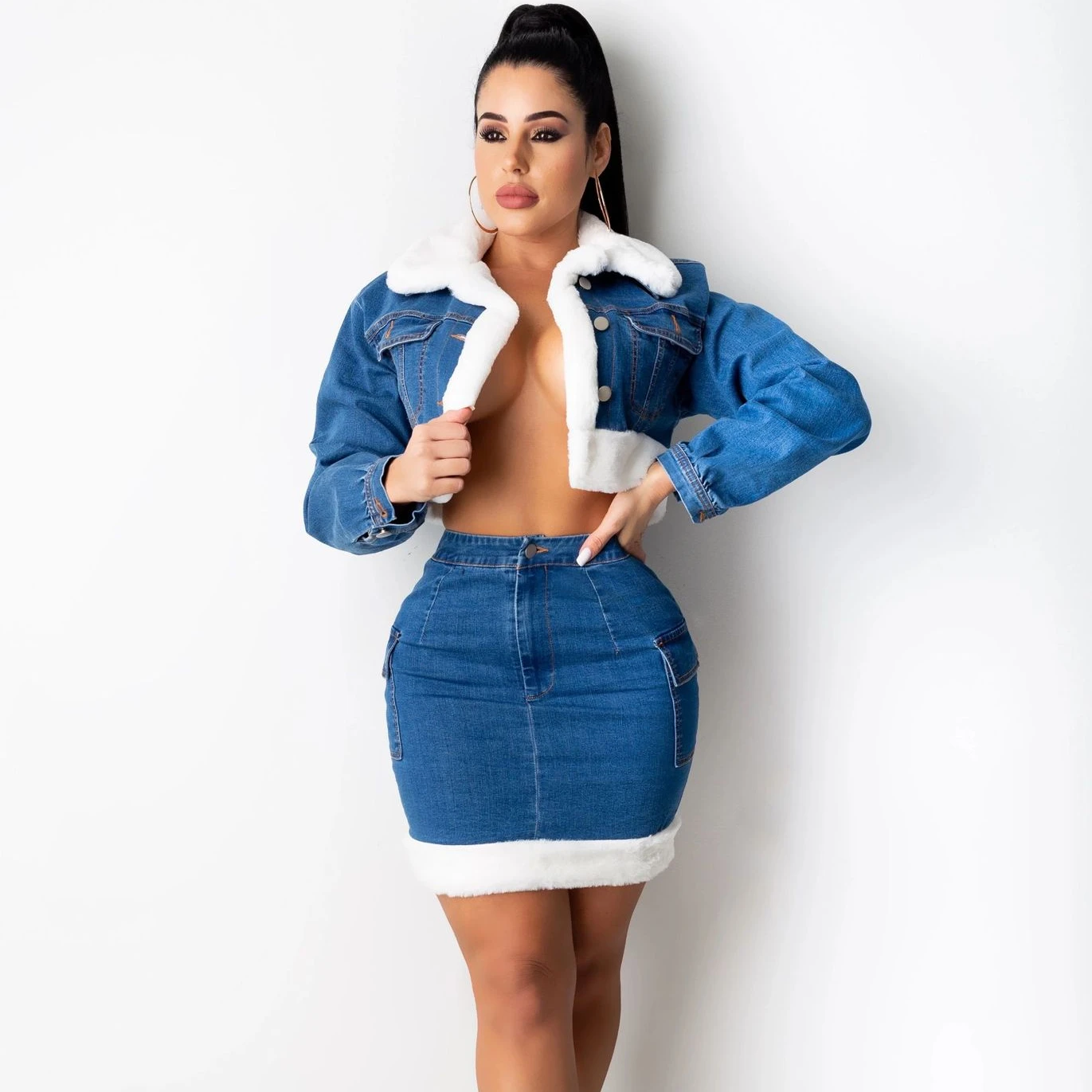 

Winter Outfits Women Party Wear Clothing Plus Size Sexy Denim Skirt Set Two Pieces Fleece Patchwork Jean Jacket Skirt Set 3XL