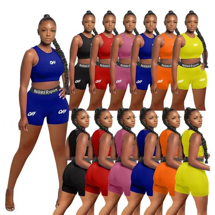 

PEARL Summer 2021 Letter Print Vest Shorts Summer Crop Top Sports Gym Casual Women Outfit Two Piece Sets