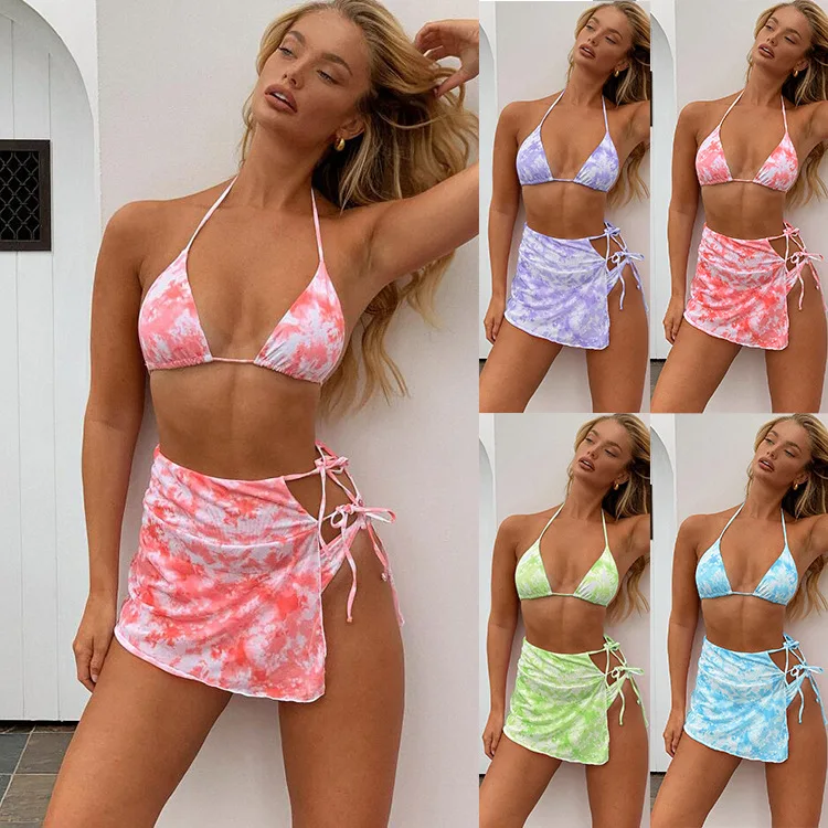 

Dyed Women Bikini High Waist Swimwear 2020 Girl Deep Backless Beachwear Ladies Swimsuit Basic Design 3 Pieces Beach Dress