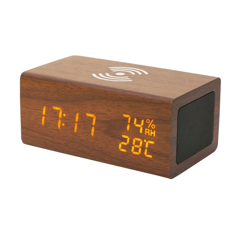 

EMAF Dropship Hotsale Qi wireless charger wooden speaker clock time calenadr temperature humidity display desk & table clocks