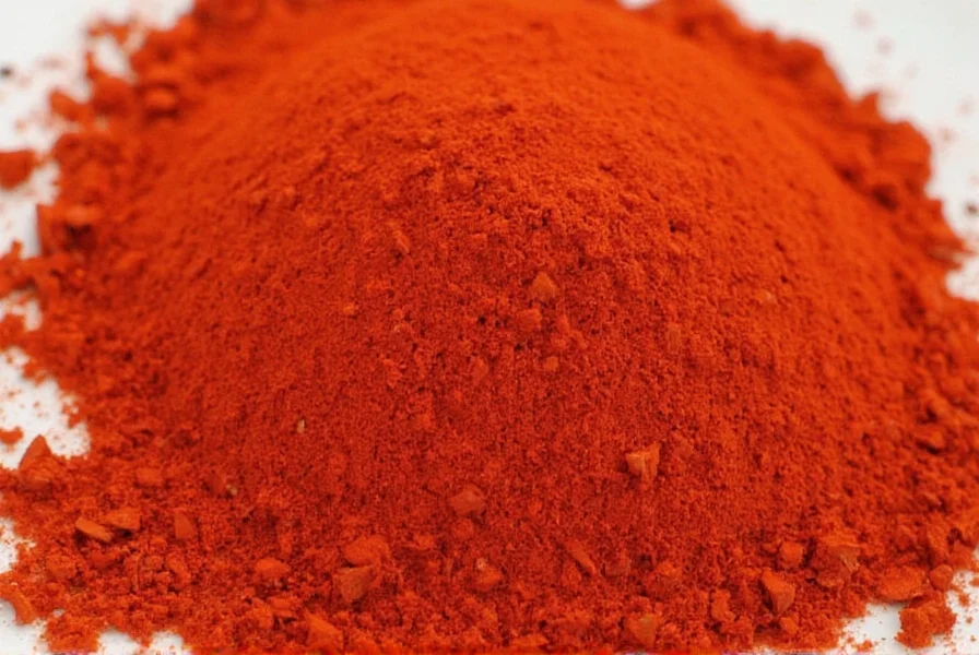 Close-up of sweet paprika powder showing vibrant red color in a spice jar on wooden background