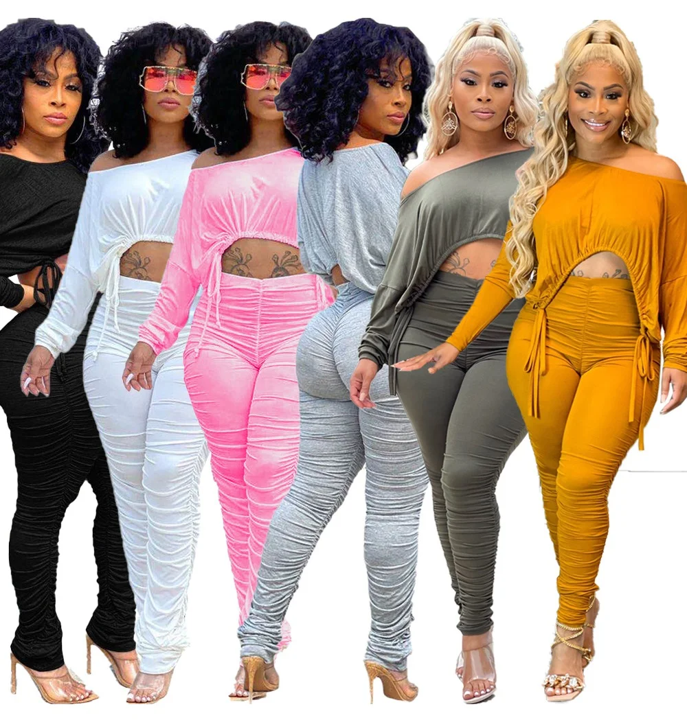 

2021 Fall Women Clothing Off Shoulder Top Long Sleeve Ladies Trendy Tops Stacked Sweat Pants 2 Piece Set, Picture