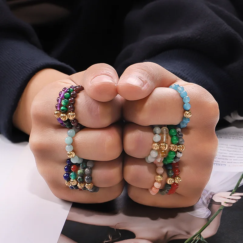 

NUORO Fashion Multi Color Handmade Ring Jewelry Elastic Adjustable Bohemian Bead Rings Natural Stone Rings