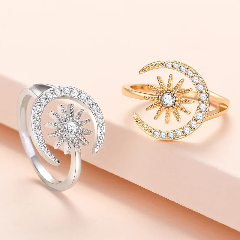 

Wholesale Sun Moon Rings Women Fashion Jewelry Creative Micro Inlaid Zircon Gold Silver Opening Adjustable Ring, Picture shows