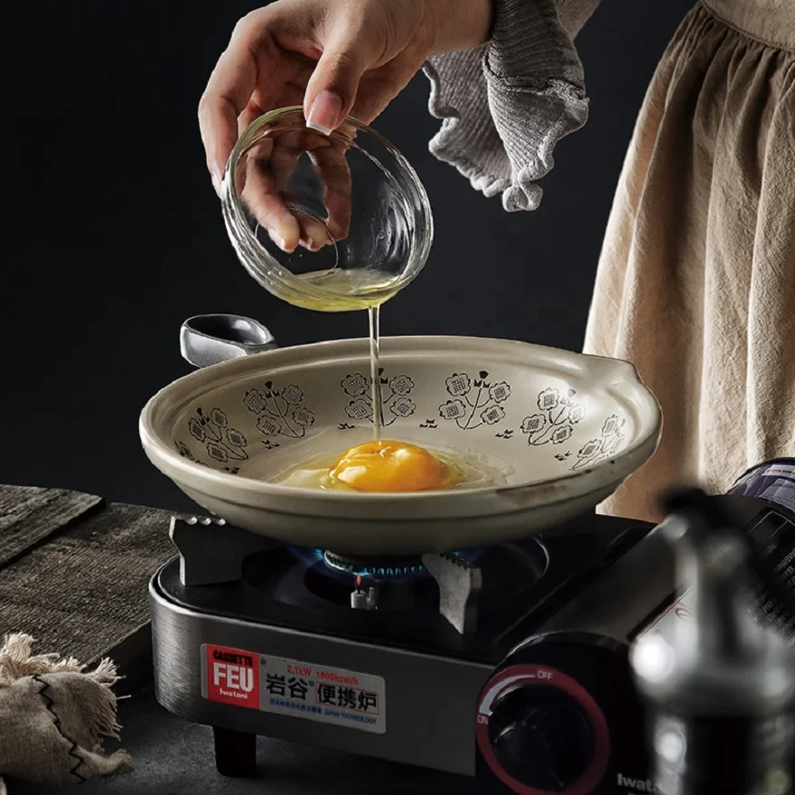 

Nordic style single handle heat-resistant pottery pan, natural pottery can be used in direct fire oven Frying pan, Yellow/pink/green/orange