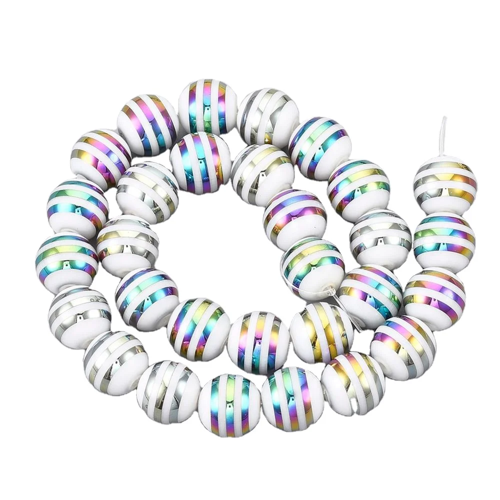 

PandaHall 10mm Colorful Glass Round Stripe Electroplate Beads