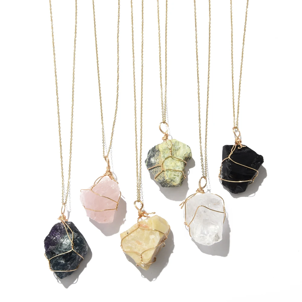 

Wire Wrapped Natural Stone Birthstone Pendant Necklace Stainless steel Irregular Healing Crystal Collar Necklace Women