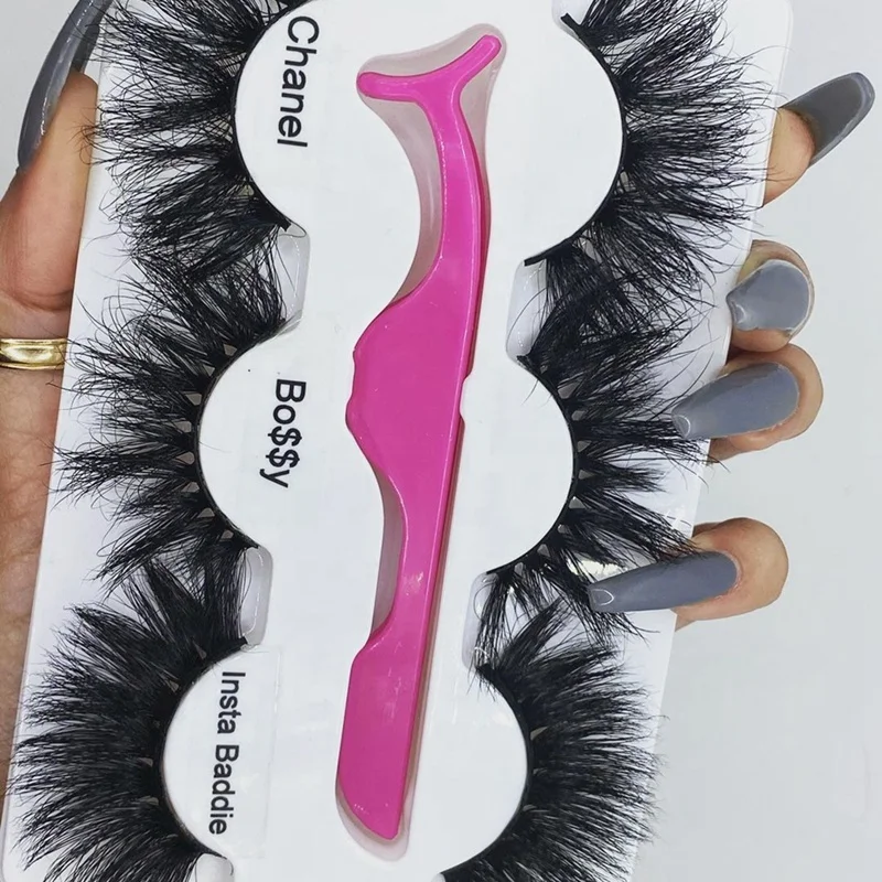 

3pairs eyelashbox packaging and tweezers 5D wispy full strip 3d mink lashes wholesale private label 25mm lash tresluces, Natural black