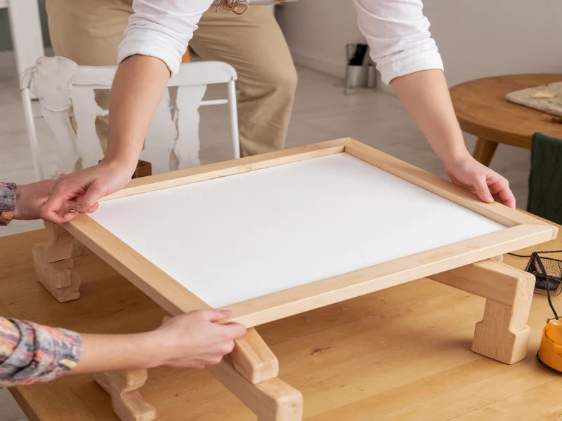 Hands assembling wooden stretcher frame with canvas
