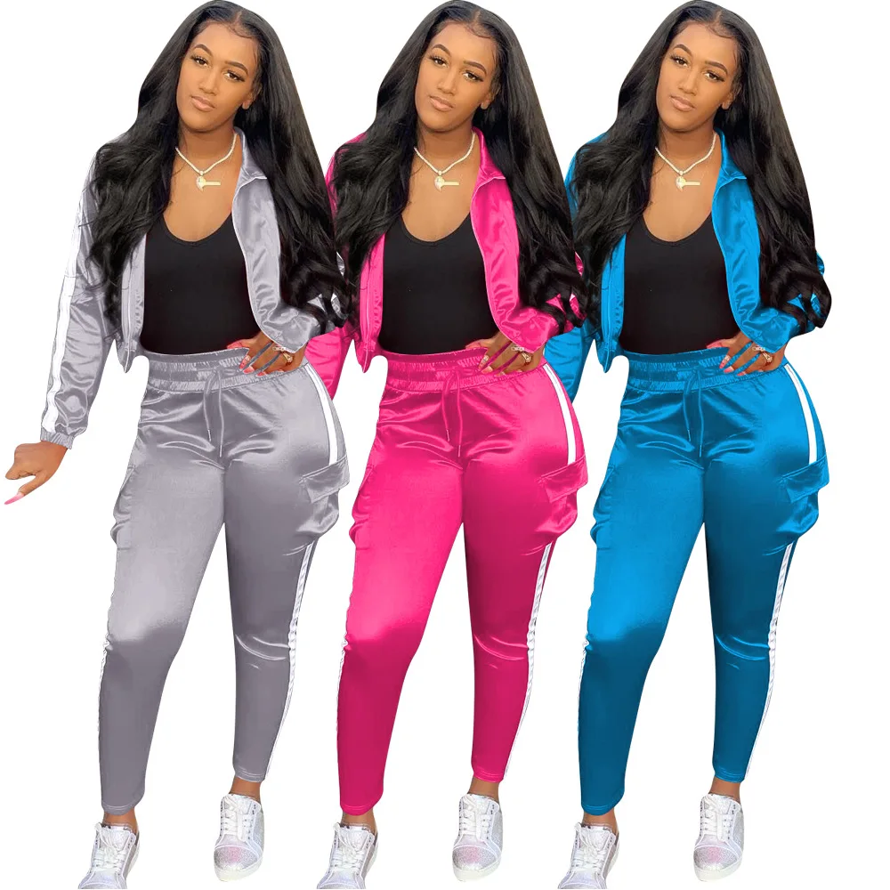 

XM-2021010903 Reflective Side Striped Women Long Pants 2 Piece Sportswear Tracksuits Jogger Set