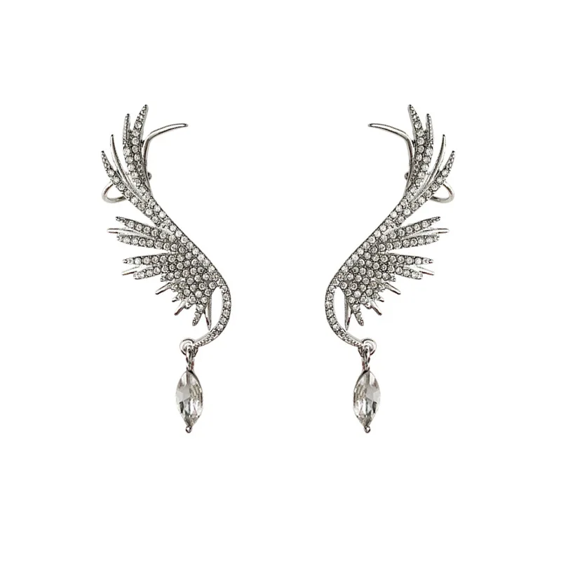 925 Silver Needle Luxury Angel Wing Earrings Ear Bone Clip Filled Diamond Fairy Earrings