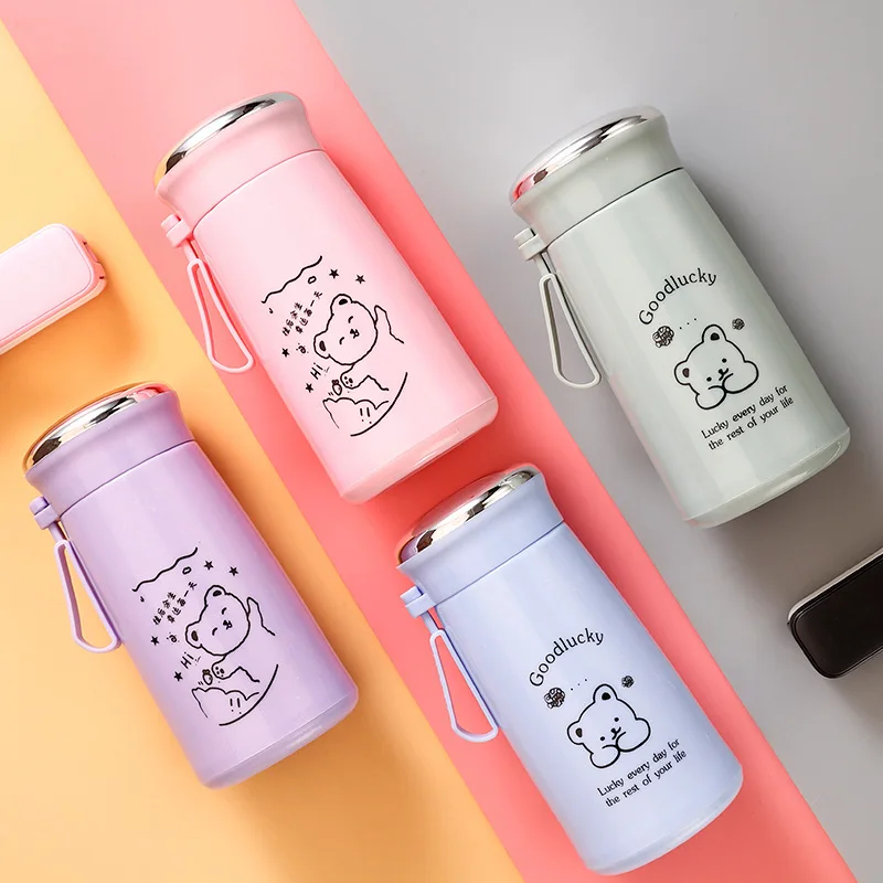 

Custom cute cartoon bear pattern colored 280 ml glass water bottle with lid for kid children