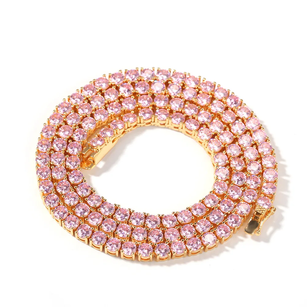 4mm Custom Color pink Cute Young Style Durable Cuban Chain Chocker Necklace rainbow Colorful Zircon Pave Tennis Chain.