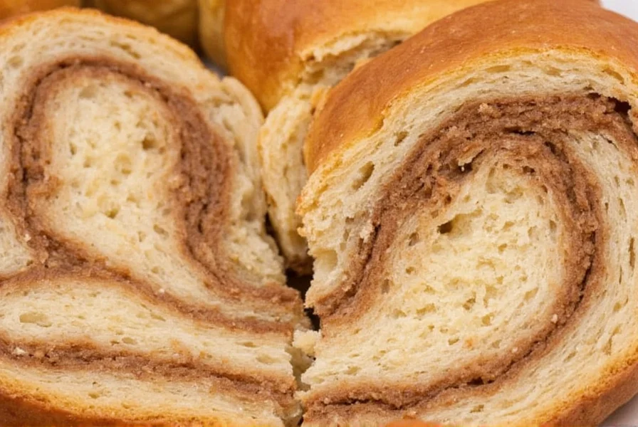 Close-up photograph of sliced Greenlee's cinnamon bread showing distinct cinnamon swirls and golden crust