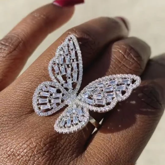 

iced out bling rectangle cz paved women silver butterfly ring