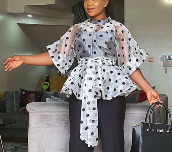 

Sexy Half Sleeves Printing Dot See Through Organza Bandage Lady Blouse, White