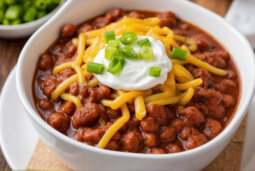 Serving bowl of chili con carne with melted cheese, sour cream, and green onions as toppings