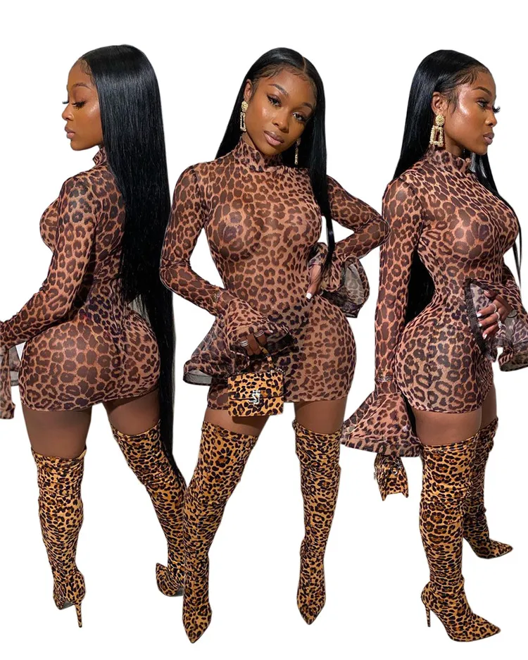 

New Designer Ladies Dress See Through Flare Sleeve Leopard Print Mini Bodycon Fashion Night Sexy Party Club Wear Women Dresses
