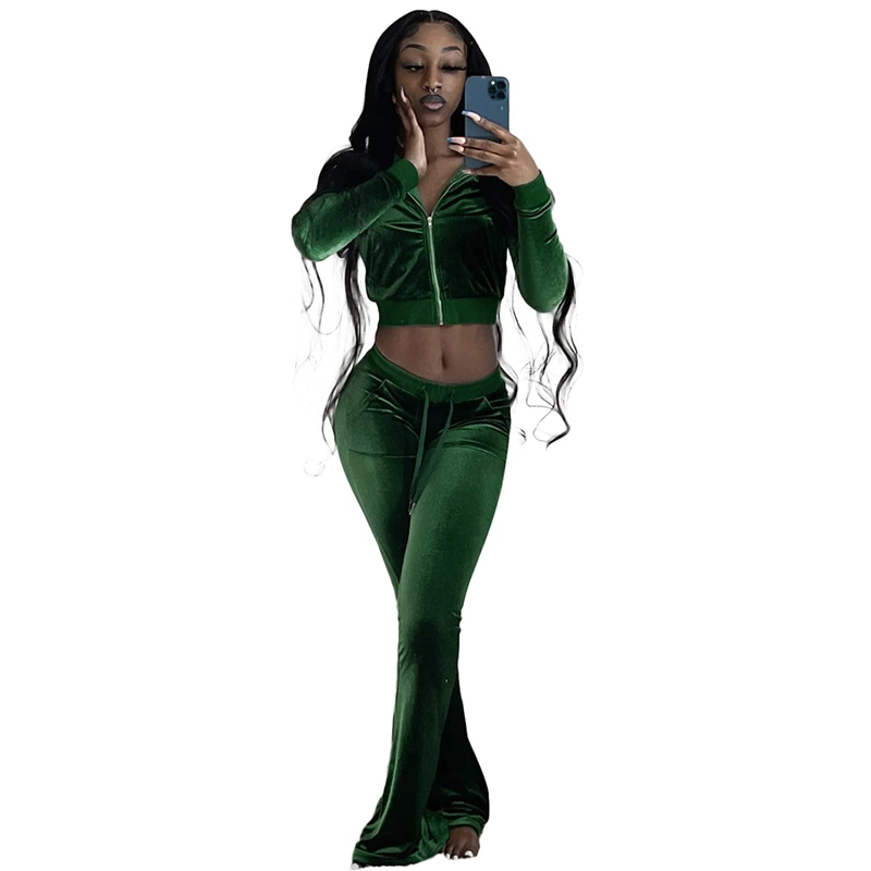

Solid Velvet Tracksuit Women Two Piece Sport Suit Zipper Up Long Sleeve Crop Coat and Bell Bottom Pant Velour Tracksuit, As picture