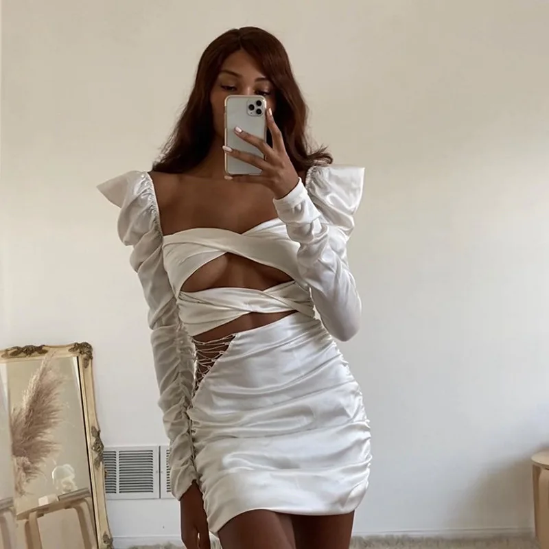 

New Collection Vintage Long Puff Sleeve Diamond Lace Up Hollow Out Sexy Princess Satin White Dresses, 2colors in stock