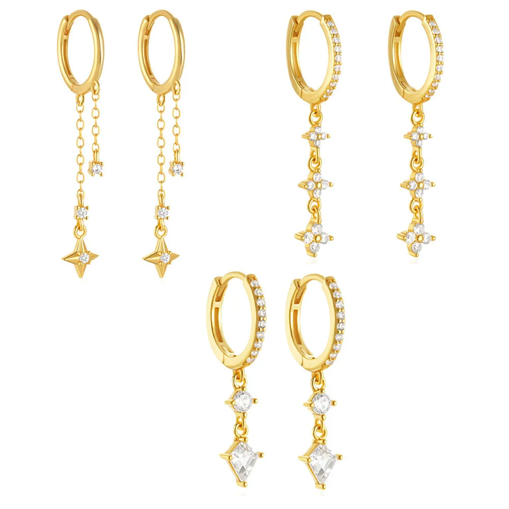 Fashion Earring 925 Sterling Silver Flower Dangling Earrings Drop Diamond Star Tassel Chain Gold Plated Hoop Earrings Women