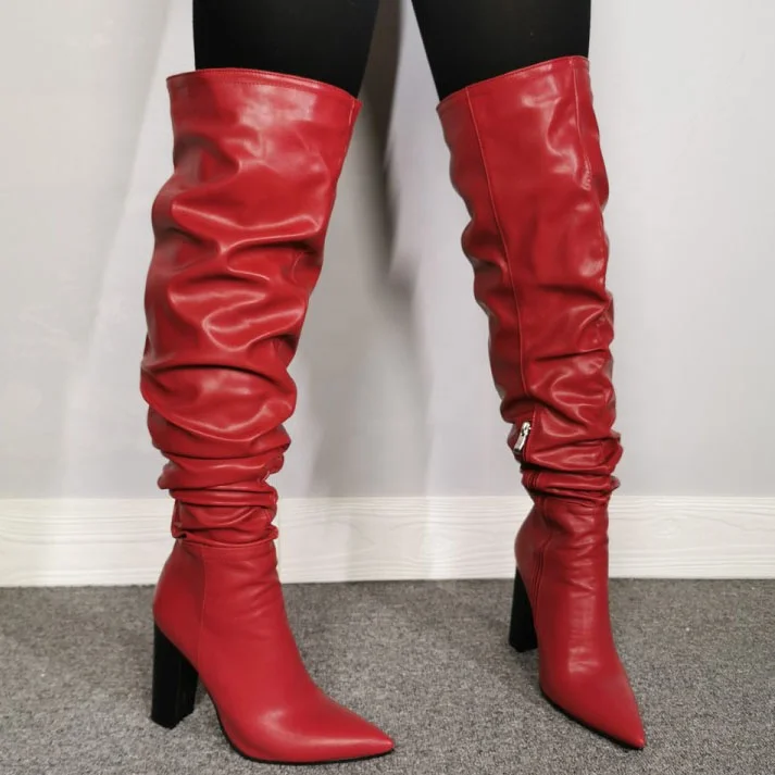 

Big Size 47 Solid Red Autumn Chunky Heel Women Over Knee High Pile Of Boots Side Zip Ladies Pointed Toe Thigh High Long Booties