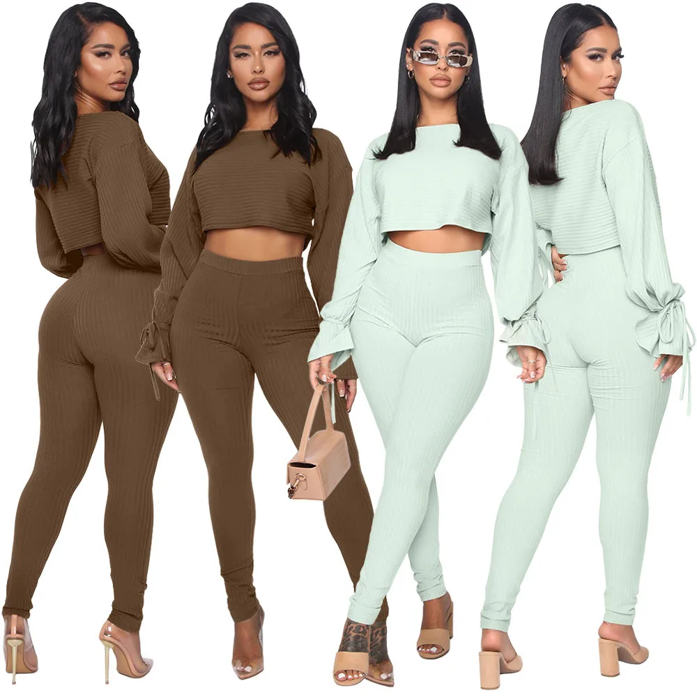 

New Trendy Flared sleeves Tie Legging Pants Two Piece Set Women Clothing Jogging Suit, As picture showed