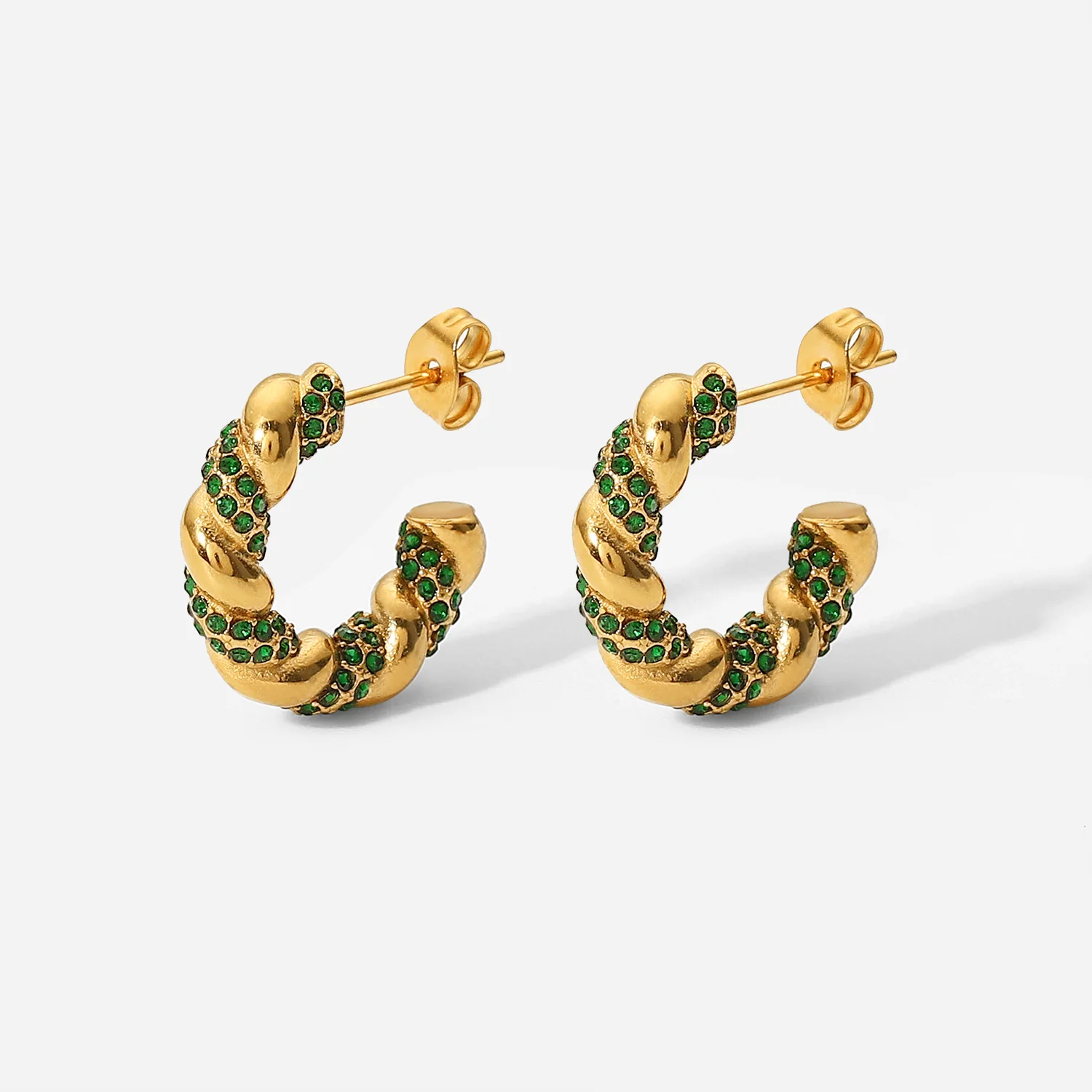 

18K Gold Plated Stainless Steel Green Cubic ZirconiaJewelry CC Shaped Twist Earrings for women