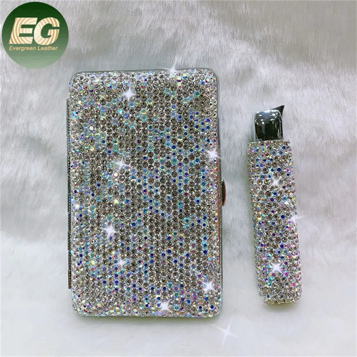 

Ea037 Gas Thin Fashion Women Cigarette Luxury Case with Designer Cigar Bling Diamond Rhinestone Lighter Case, Silver1,silver2