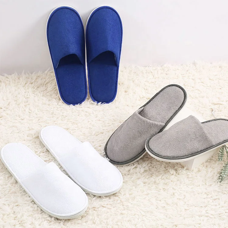 

Customized logo white blue coffee grey cotton terry disposable hotel slippers for unisex guest room spa hotel disposable slipper