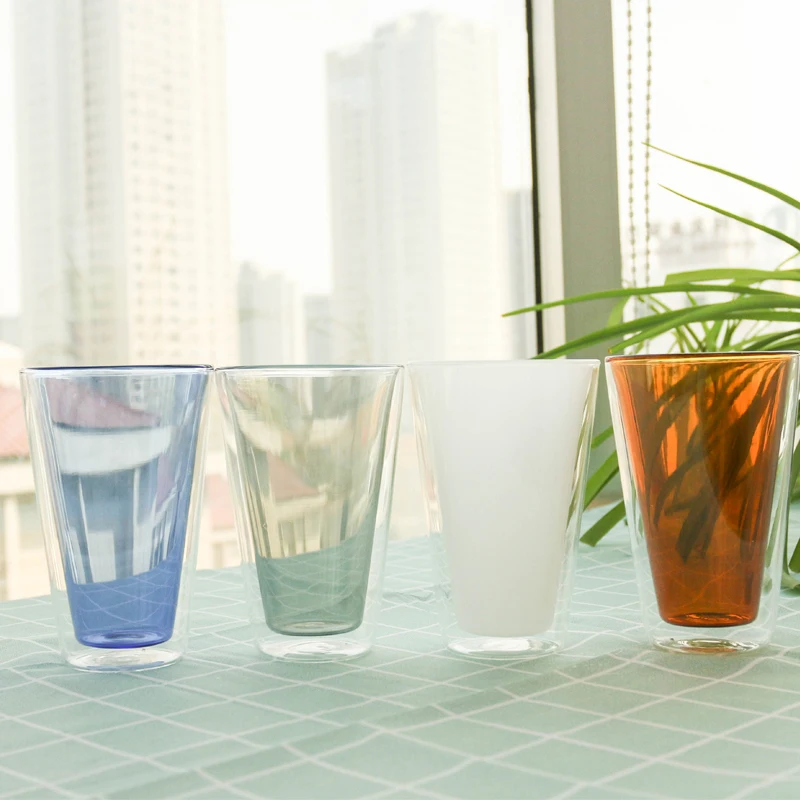 

Sales Excellent Material high Borosilicate Color glass cup double wall coffe cup, Dark blue,light blue,green,yellow,ect.