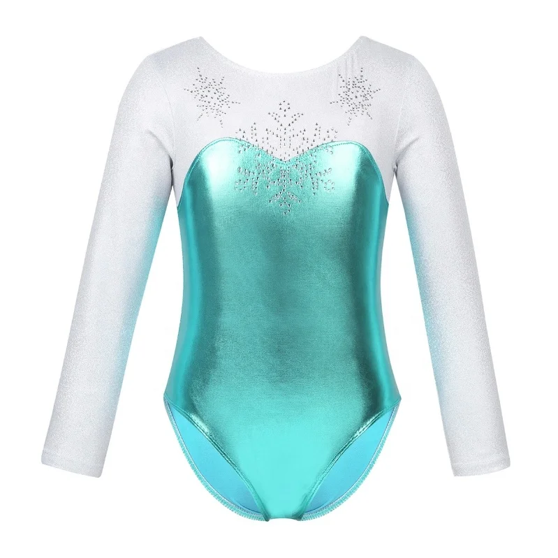 

2021 Kids Girls Long Sleeves Shiny Rhinestone Snowflake Bodice Ballet Dance Gymnastics Leotard