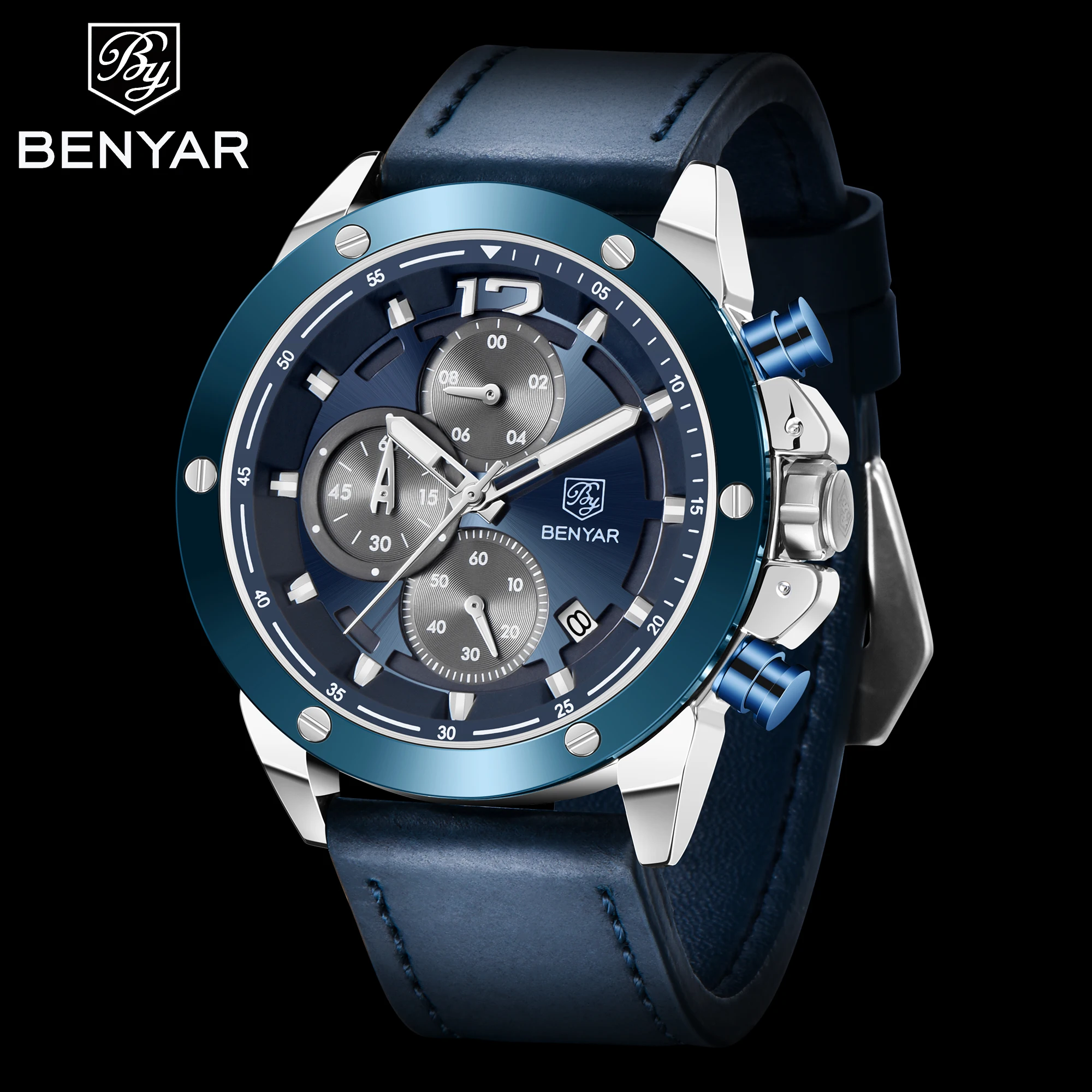 

Benyar 5165 wholesale blue man quartz watch 2019 Genuine Leather band 3 dials chronometer Concise Casual reloj watch