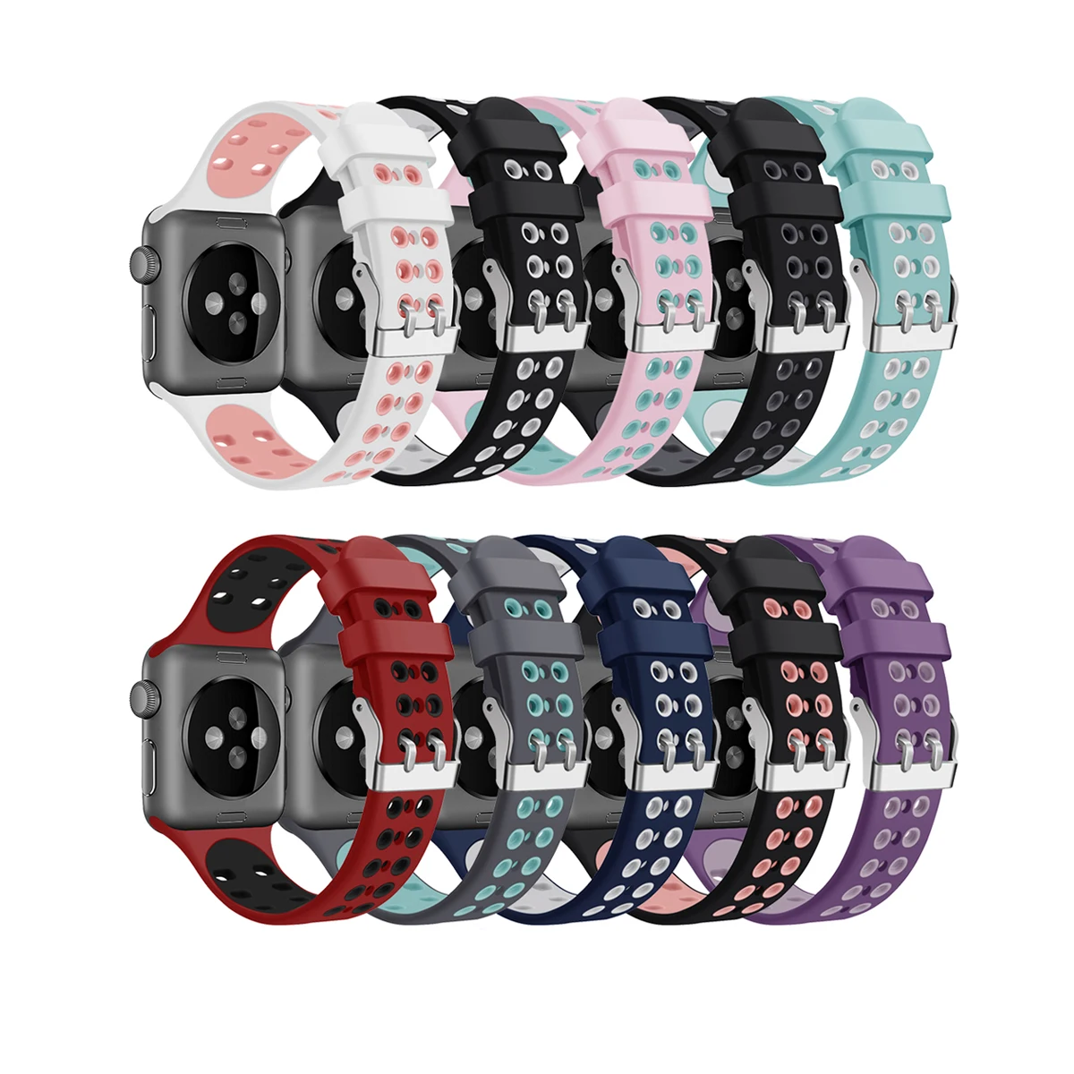 

Unique Design Stitching Color Double Buckle Silicone Sports Strap Watch Band for Apple Watch Series Wrist Replacement Sport Band, Multi-color optional or customized