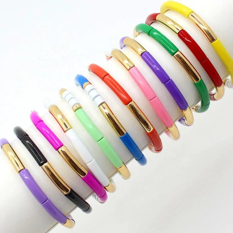 

Fashion Minimalist Dainty Jewelry Colorful Oil Drop Bamboo Tube Stretch Rainbow Enamel Bangle Bracelet