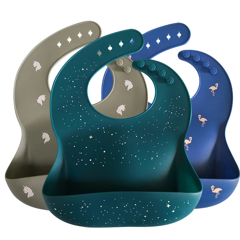 

Hot Sale Waterproof Printing Eco Friendly Silicone Baby Feeding Bibs, Dark grey/cream1/apricot/sand stone or customized colors
