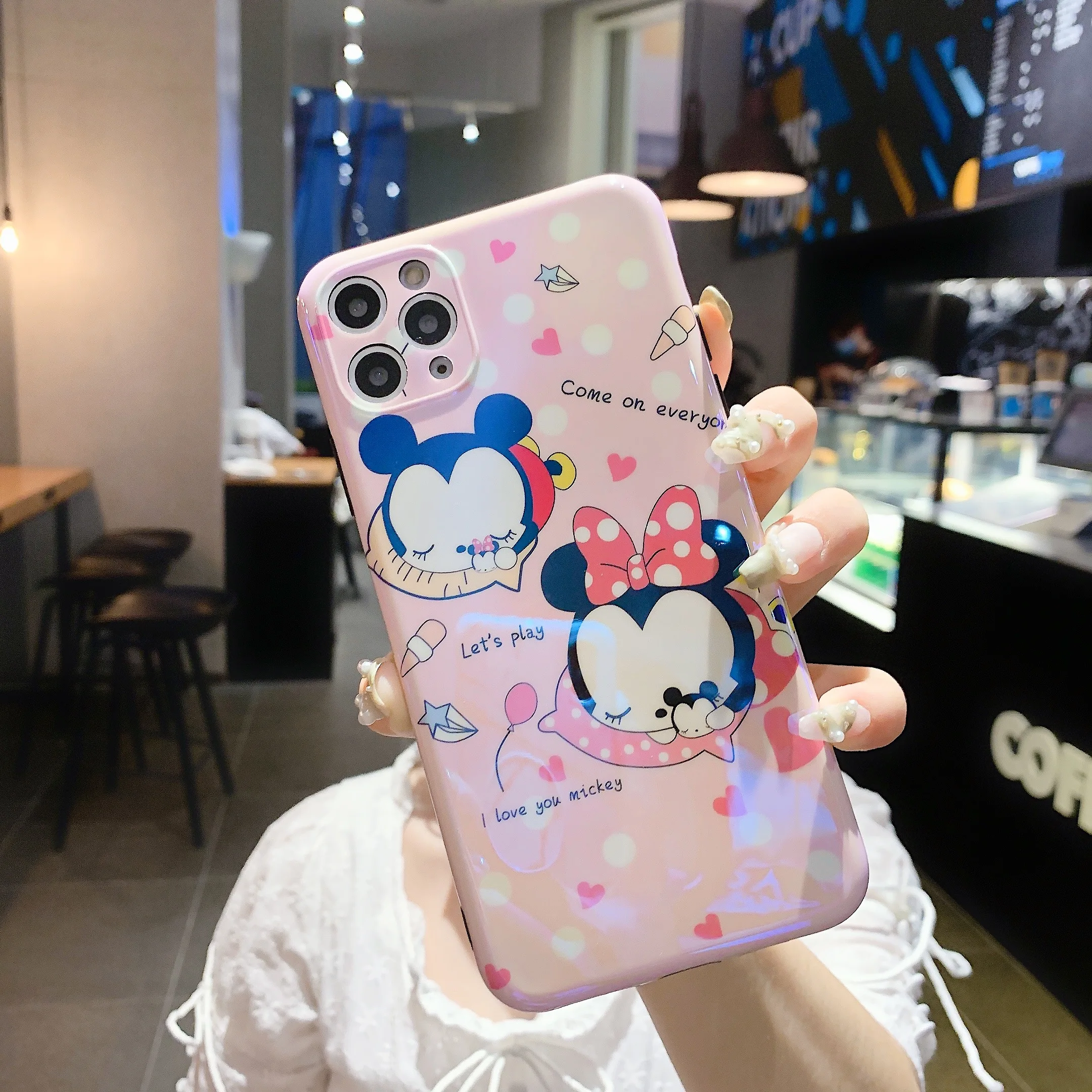 

Anime Sleeping Face Mickey Blue Light IMD Phone Cases For iPhone 12 Pro Max 8 Plus XR XS Max SE 2020 Back Cover Cartoon IMD Case