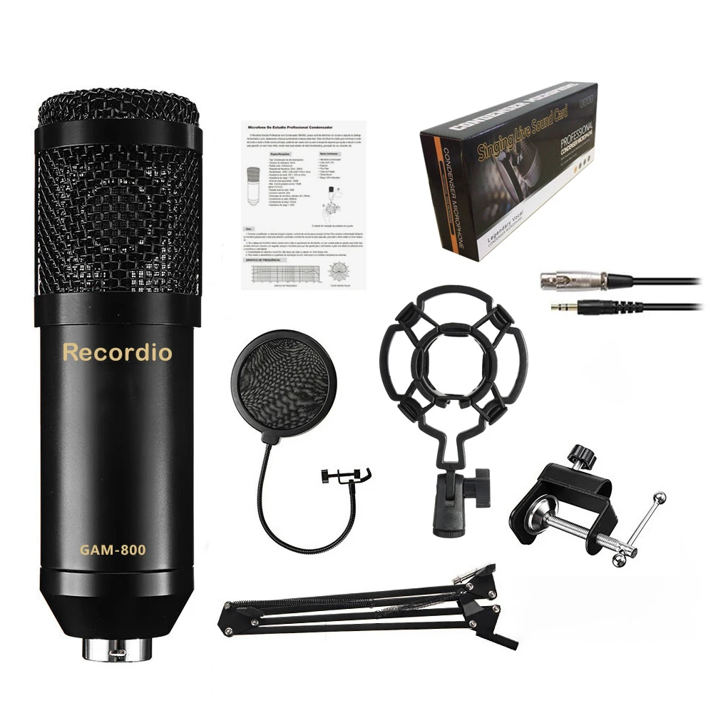 

GAM-800PS Professional Studio Broadcasting Recording set Condenser Microphone Ball-type Anti-wind Foam Power Cable Black, Black/blue/red/gold/silver