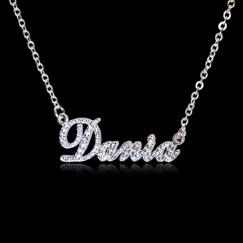 

925 Sterling Silver Jewelry Custom Diamond Name Letter Necklace Personalized Luxury Full Zircons Women Crystal Necklace, Silver /gold/rose gold