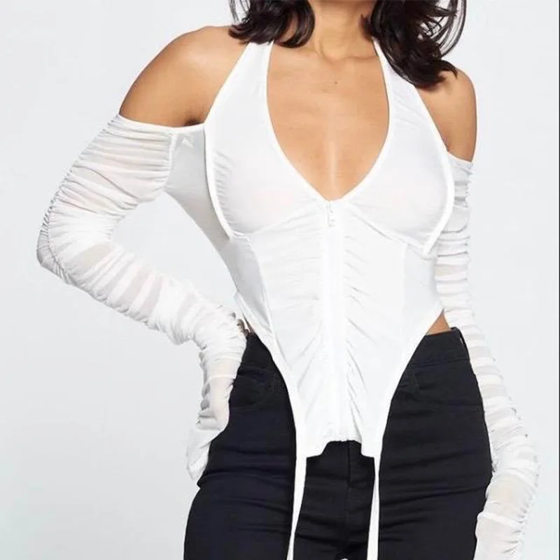 

Ladies Fashionable Cold Shoulder Draped Long Sleeve Crop Top Sexy Gauze Women Tops -PT, Black,white