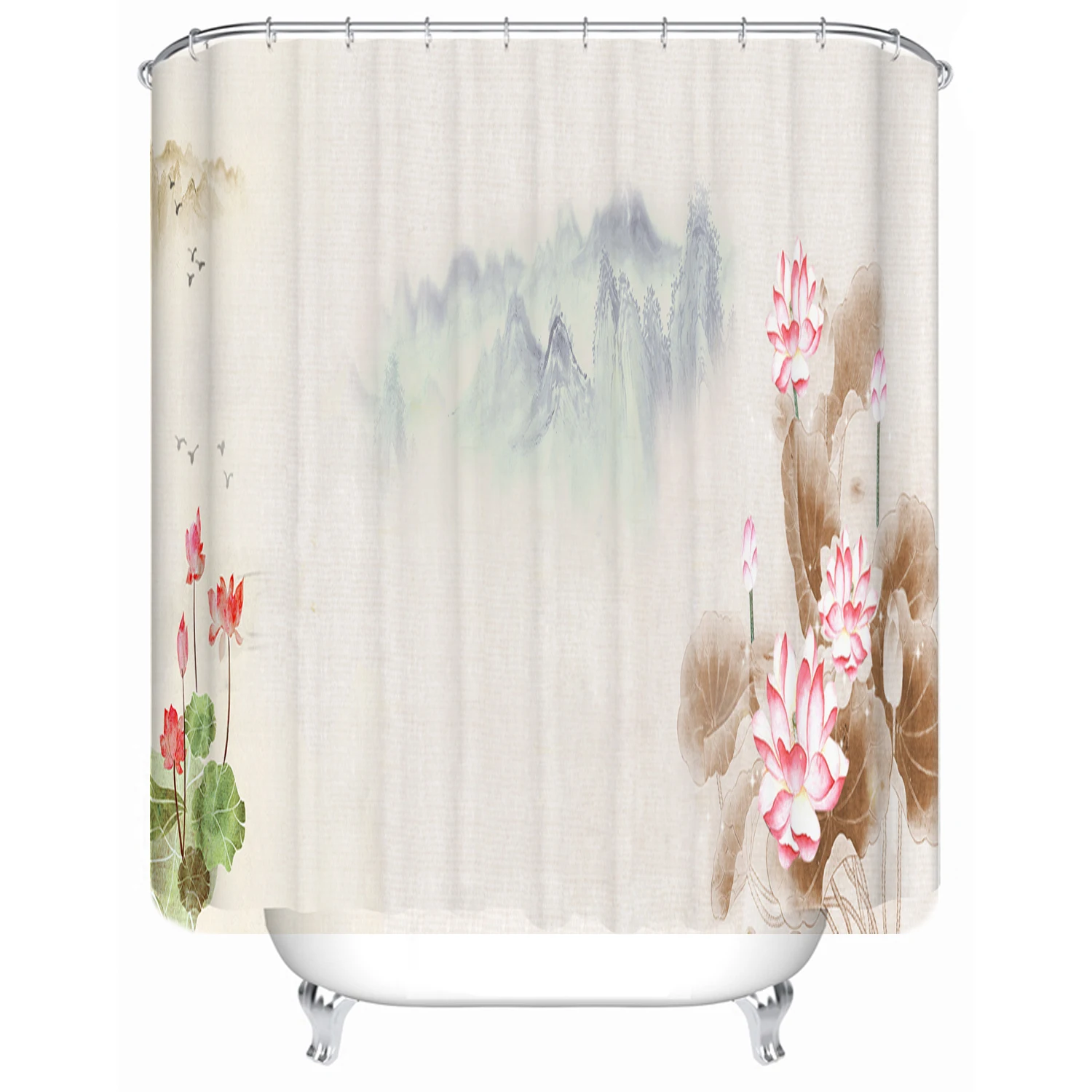 

180cm x 180cm waterproof cloth lining cover bathtub bathroom curtain lotus landscape can be customized printing shower curtain, Picture